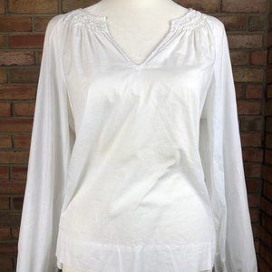 INC V-Neck Smocked Neck Long Sleeve White Top